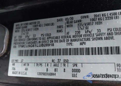 2020 Ford Escape Se z USA, uszkodzony, nr VIN 1FMCU9G61LUB28918